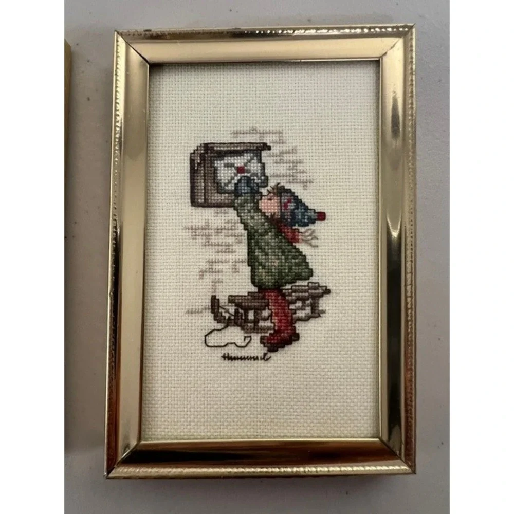 Vintage Hummel Style Framed Cross Stitch Set of 2 Angel & Child Sledding 4x6